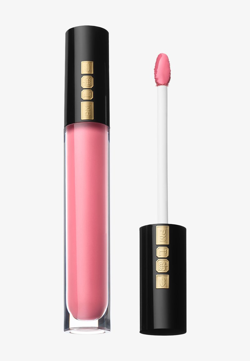 Glossy pink lip gloss with black cap featuring gold emblem details, shown with wand applicator beside the tube against a plain white background.