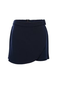 Diepblauwe wikkelrok met een elastische tailleband en een zachte, lichte stof. De zoomlijn kronkelt iets voor een relaxte pasvorm.