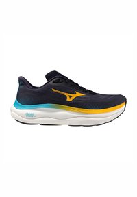 Chaussure de course Mizuno Wave Sky 09 en bleu marine et jaune. Conçue avec une tige en mesh, une semelle rembourrée et des transitions de couleurs dynamiques.
