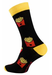 Chaussettes noires avec un revers jaune, ornées d'un motif de contenants rouges et de frites jaunes. Texture lisse, longueur cheville décontractée.