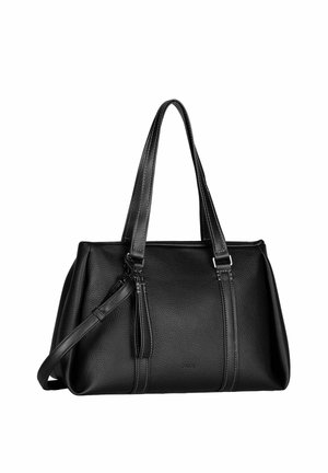 Sac à main en cuir noir avec deux longues poignées, une bandoulière réglable et une surface texturée, présenté sur un fond blanc.