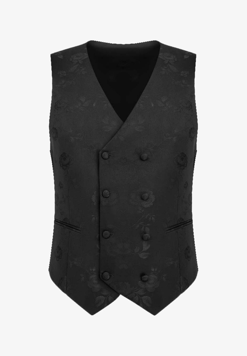 Czarny kamizelka w kwiatowy wzór z dekoltem w serek, podwójnym zapięciem, sześcioma guzikami i kieszeniami po bokach. Wykonana z gładkiego materiału.