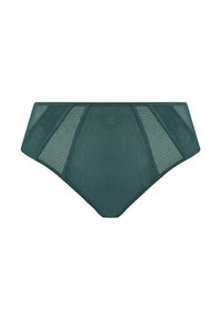 High-waisted bikini broekje in donkergroen mesh stof, met uitsnijdingen en een gladde tailleband, biedt een ademend en textuurvol ontwerp.