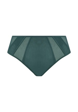 High-waisted bikini broekje in donkergroen mesh stof, met uitsnijdingen en een gladde tailleband, biedt een ademend en textuurvol ontwerp.