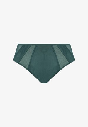 Parte inferior de bikini de cintura alta en tejido de malla verde oscuro, con paneles recortados y una cinturilla suave, que ofrece un diseño transpirable y texturizado.