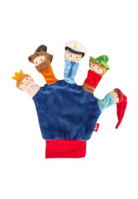 Pupazzo da dito realizzato in morbido tessuto, con cinque dita caratterizzate: un re, un soldato, una signora, uno gnomo e un lavoratore, in vari colori.