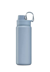 Stainless steel water bottle in light blue with a screw-top lid, narrow body, carrying handle, and four small air vents on the lid.