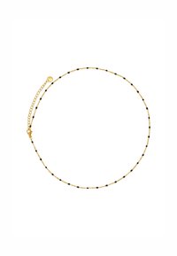 Goldkette mit abwechselnd kleinen schwarzen Perlen, zarten Gliedern und einem Karabinerverschluss mit einstellbarem Kettchen.