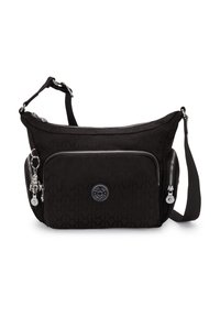 Schwarze Schultertasche aus strukturiertem Stoff, ausgestattet mit einem Hauptfach mit Reißverschluss, einer Außentasche und silberfarbener Hardware mit Markenakzenten.
