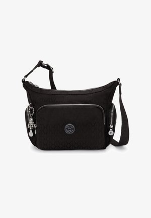 Borsa a spalla nera realizzata in tessuto testurizzato, con un compartimento principale con zip, una tasca esterna e minuteria in argento con accenti di branding.
