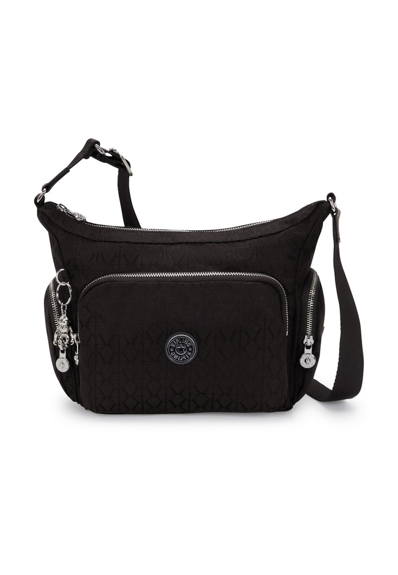 Schwarze Schultertasche aus strukturiertem Stoff, ausgestattet mit einem Hauptfach mit Reißverschluss, einer Außentasche und silberfarbener Hardware mit Markenakzenten.