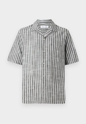 Short-sleeve shirt in a gray and white vertical stripe pattern, featuring a button-down front and a pocket on the left. Made from textured fabric.