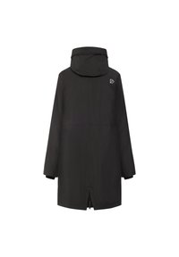 Black waterproof jacket with a hood, featuring a zippered back vent and logo detail on the upper back. Straight cut with long sleeves.
