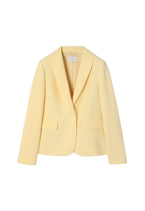 Blazer pour femme jaune clair avec revers crantés, fermeture à un bouton et deux poches à rabat à l'avant, présenté sur un fond blanc.