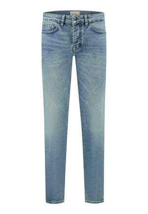 Lichtblauwe denim jeans met een rechte snit, vijf zakken ontwerp en lichte vervaging. Voorzien van een knoopsluiting en riemlussen op de taille.