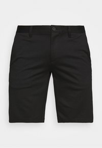 Pantaloni corti neri realizzati in tessuto liscio, dotati di chiusura con bottone, passanti per cintura e design a fronte piatto. Nessun motivo o decorazione visibile.