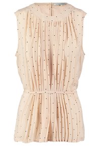 Camicia senza maniche di un pallido rosa con pois neri, pieghe verticali, scollatura rotonda e una sottile cintura in vita.