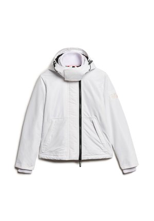 Witte geïsoleerde jas met een ritssluiting aan de voorkant, dubbele zijzakken, een verstelbare capuchon en contrasterende zwarte accenten. Gemêleerde stof met geribde manchetten.