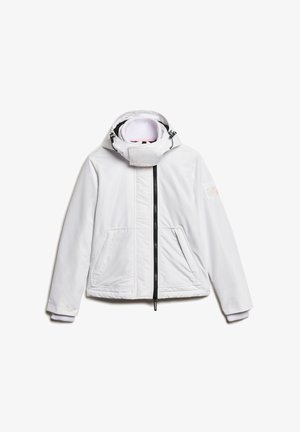 Witte geïsoleerde jas met een ritssluiting aan de voorkant, dubbele zijzakken, een verstelbare capuchon en contrasterende zwarte accenten. Gemêleerde stof met geribde manchetten.