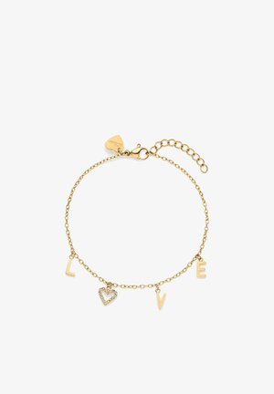Bracelet en ton or avec maillons en chaîne, comprenant les lettres "L," "V," "E," et un charm cœur orné de strass. Fermoir réglable.