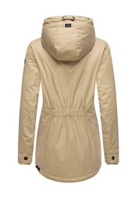 Beige outdoor jacket with a cinched waist, adjustable hood, and long sleeves. Smooth fabric, featuring a back vent and buttoned cuffs.