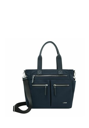 Marineblaue Tragetasche mit zwei oberen Griffen, drei vorderen Reißverschlusstaschen und einem verstellbaren Schultergurt. Kleines weißes "L.CREDI"-Logo auf der Vorderseite.