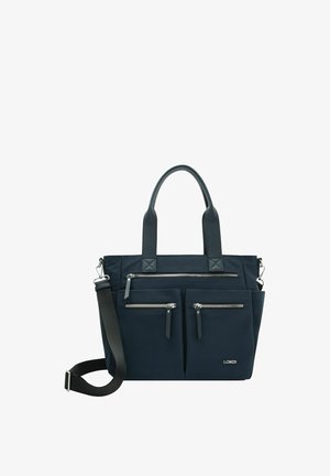 Borsa a mano blu navy con due manici superiori, tre tasche frontali con cerniera e tracolla regolabile. Piccolo logo bianco "L.CREDI" sul davanti.