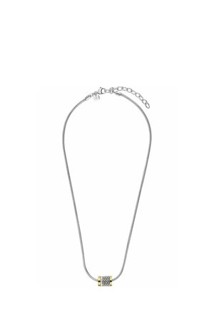 Silver necklace with cylindrical two-tone pendant featuring woven texture and gold accent edges, adjustable chain clasp.