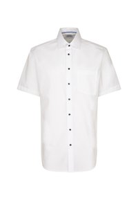 Camicia bianca a maniche corte con bottoni neri e una tasca sul petto. Tessuto liscia con colletto classico e dettagli floreali all'interno dell'escote.