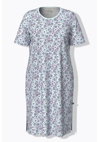 Short-sleeve nightgown in light blue fabric, featuring a floral pattern in purple and teal. Side slits for ease of movement.