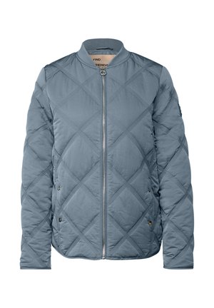 Blue quilted bomber jacket with diamond stitching, front zipper, ribbed collar, and snap-button side pockets.