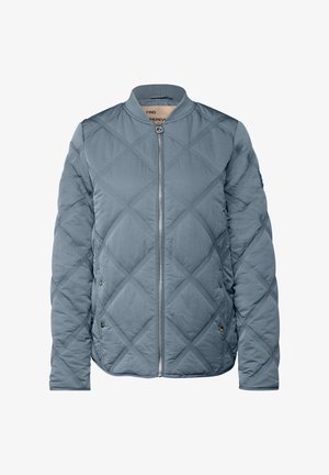 Veste bomber matelassée bleue avec des surpiqûres en diamant, fermeture éclair à l'avant, col côtelé et poches latérales à bouton-pression.