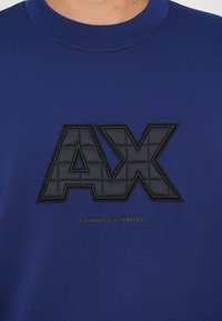 Felpa in cotone blu con un logo "AX" nero a trama e la scritta "Armani Exchange" sotto in un colore contrastante. Collo a giro semplice.