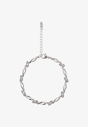 Hopeaketju, jossa on lehtimuotoisia lenkkejä, koristeltu kirkkailla kivillä, ja jossa on hummerilukko sekä säädettävä ketju pituuden säätämiseksi.