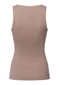 Khakifarbene, gerippte Tanktop mit rundem Ausschnitt, taillierter Form und ohne sichtbare Nähte an den Schultern oder dem Saum. Weicher, dehnbarer Stoff.