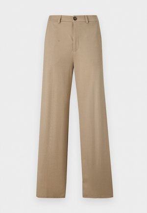 Beige bukser med høy midje, vide ben, beltestropper og enkelt knappelukking i midjen.