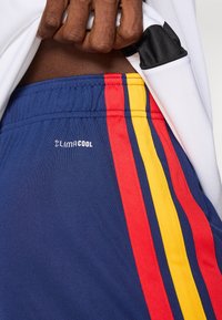 Μπλε αθλητικές βερμούδες με κόκκινες, κίτρινες και μαύρες ρίγες στο πλάι. Διαθέτει το λογότυπο "LimaCool". Το ύφασμα φαίνεται ελαφρύ και απαλό.