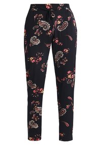 Svarta byxor med paisley- och blommönster i rött, rosa och vitt. Har en elastisk midja med snöre och rak bendesign.