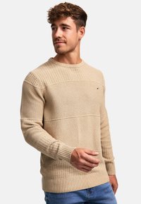 Pull en tricot beige avec un motif texturé, col rond, et poignets et ourlet côtelés, porté par un mannequin sur un fond uni.