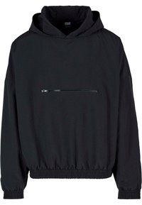 Pullover nero con cappuccio, dotato di polsini e orlo elastici, caratterizzato da una tasca frontale con zip e un tessuto morbido e leggero.
