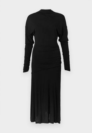 Vestido preto de manga comprida com gola alta, detalhes franzidos nas laterais e saia fluida. Confeccionado em tecido liso e elástico.