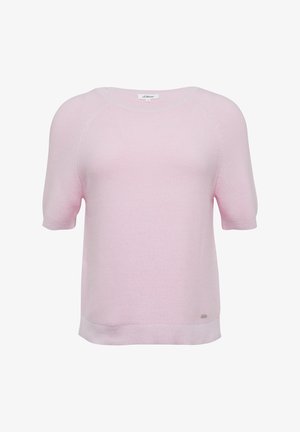 Lichtroze gebreide trui met korte mouwen en ronde hals, met ribgebreide manchetten en een rechte onderrand. Voorzien van een subtiele gehaakte structuur.