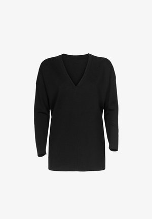Pull noir en V à manches longues, fabriqué à partir d'un tissu tricoté doux. Présente une coupe décontractée et un design minimaliste.