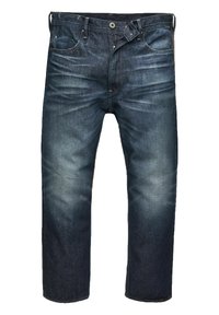 Dark blue denim jeans with a slight fade, featuring five pockets, a button fly, and a straight leg design. Smooth texture, classic style.