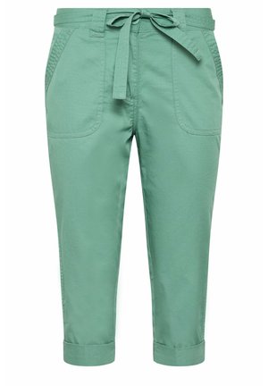Pantalon vert court avec poches plaquées devant, ourlets retroussés et ceinture en tissu nouée à la taille.