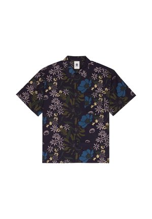 Koszula na krótki rękaw z guziczkami, ciemne tło z kwiatowym wzorem w kolorach niebieskim, fioletowym, oliwkowej zieleni i kremowym.