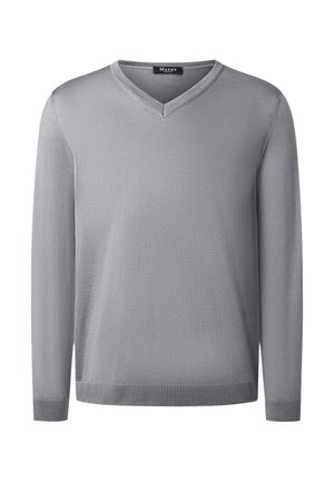 Light grey long-sleeve V-neck sweater with ribbed cuffs and hem, displayed flat without any decoration or patterns.