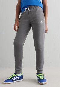 Sive trenerke s elastikim pojasom i ušicom. Na njima se nalazi Adidas logo u bijeloj boji. Uparene su s plavim sportskim cipelama i neonsko zelenim pertlama.