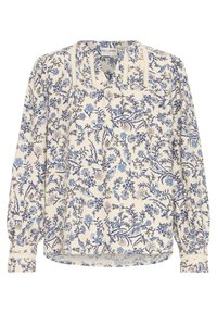 Blouse à manches longues à fleurs en crème avec des motifs bleus. Présente un col froncé et des poignets élastiques, fabriquée en tissu léger et texturé.