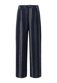Pantalons rayés marine avec plis. Présentent des rayures verticales en vert, brun et bleu. Fabriqués en tissu texturé, avec une fermeture à bouton.